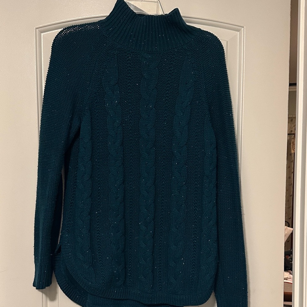 LOFT Dark Teal Cable Knit Turtleneck Sweater